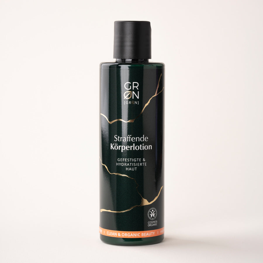 Flasche einer Körperlotion mit Bio-Bergamotte, Bio-Algenextrakt, Wasabi- und Matcha-Extrakten; sorgt für glatteres, straffer wirkendes Hautbild und Feuchtigkeit